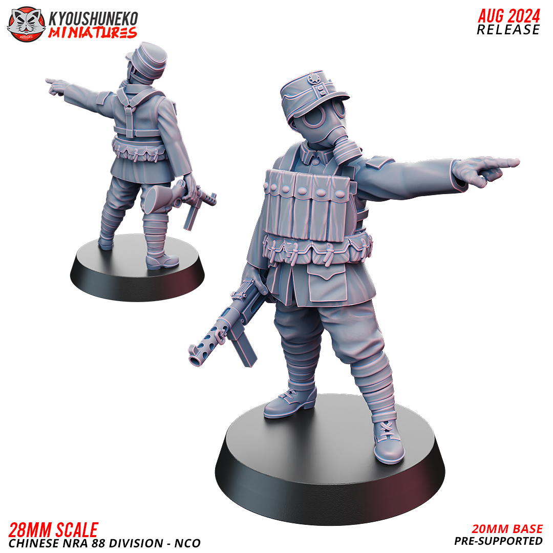 Chinese NRA 88th Division NCO in a gas mask and field cap with a submachine gun, front and rear view, designer render by Kyoushuneko Miniatures.