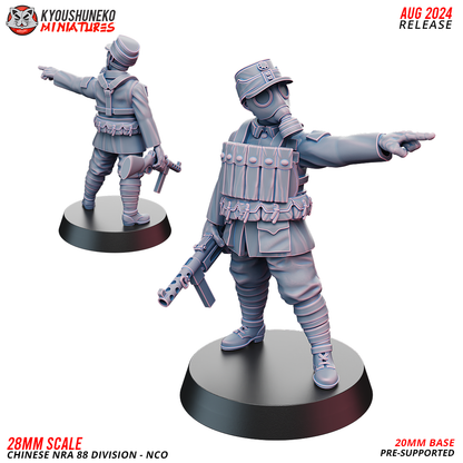 Chinese NRA 88th Division NCO in a gas mask and field cap with a submachine gun, front and rear view, designer render by Kyoushuneko Miniatures.