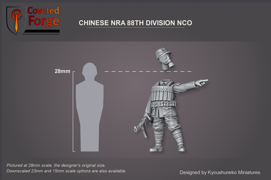 Coveted Forge scale render pictured at 28mm (1/56), the original scale, with 23mm and 15mm downscales also available. The NCO shown beside a 28mm human silhouette, front three-quarter view. Head floated above the body. Base not shown.