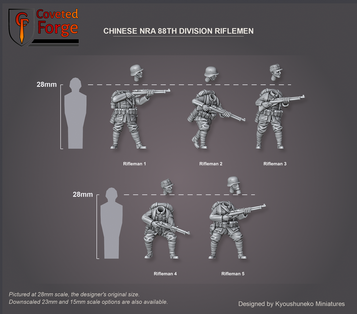 Coveted Forge scale render pictured at 28mm (1/56), the original scale, with 23mm and 15mm downscales also available. Complete Set (All 5 Sculpts) shown with every model: Rifleman 1, Rifleman 2, Rifleman 3, Rifleman 4, Rifleman 5, labelled beside a 28mm human silhouette, front three-quarter view. Heads floated above bodies. Bases not shown.