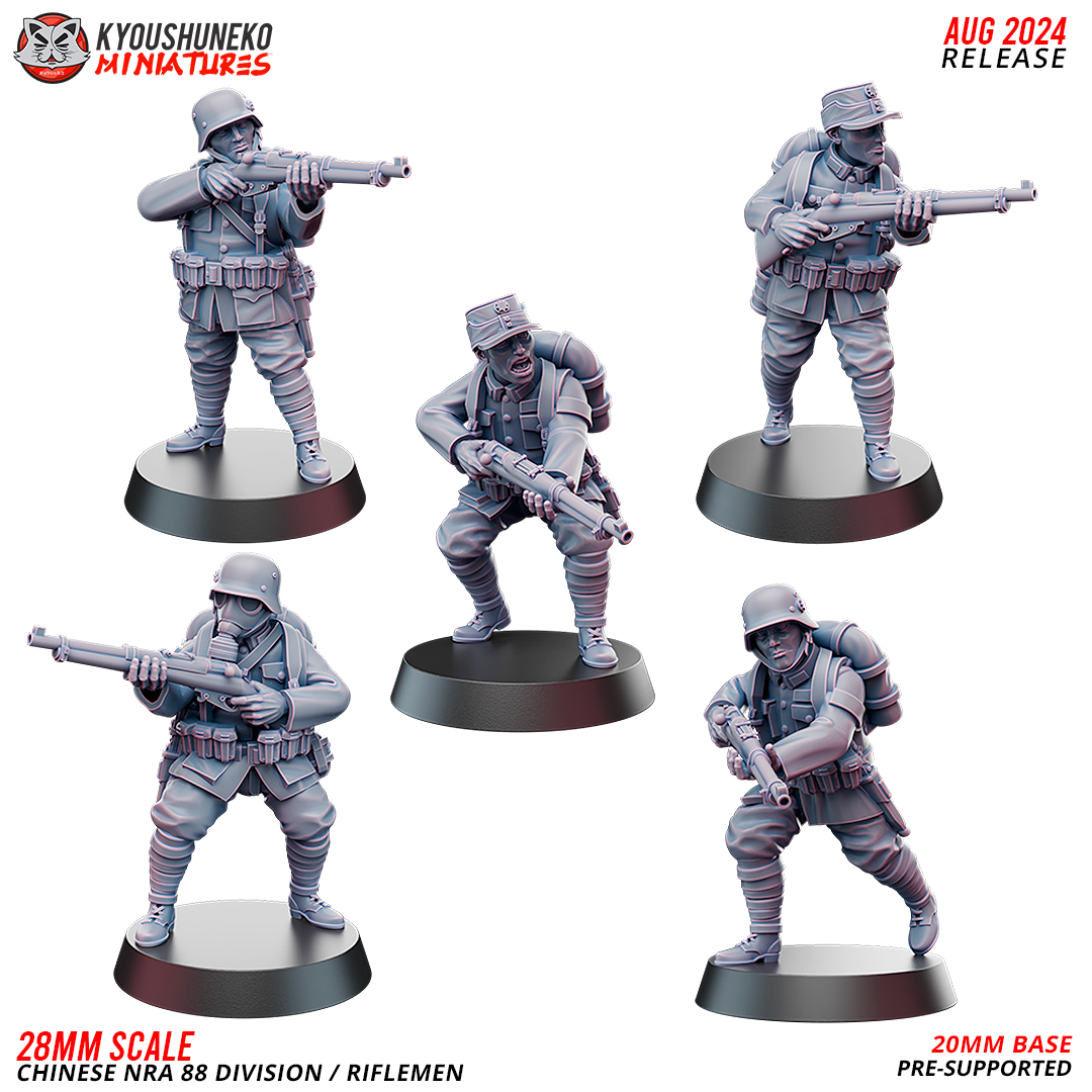 Chinese NRA 88th Division riflemen, five WW2 Chinese Nationalist soldiers with rifles in steel helmets and field caps, 28mm resin miniatures by Kyoushuneko Miniatures.
