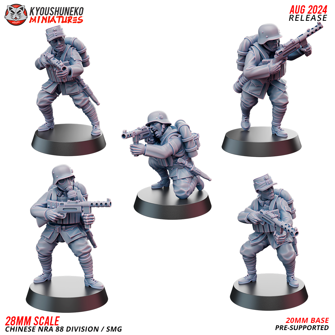 Chinese NRA 88th Division submachine gunners, five WW2 Chinese Nationalist soldiers with SMGs, designer render by Kyoushuneko Miniatures.
