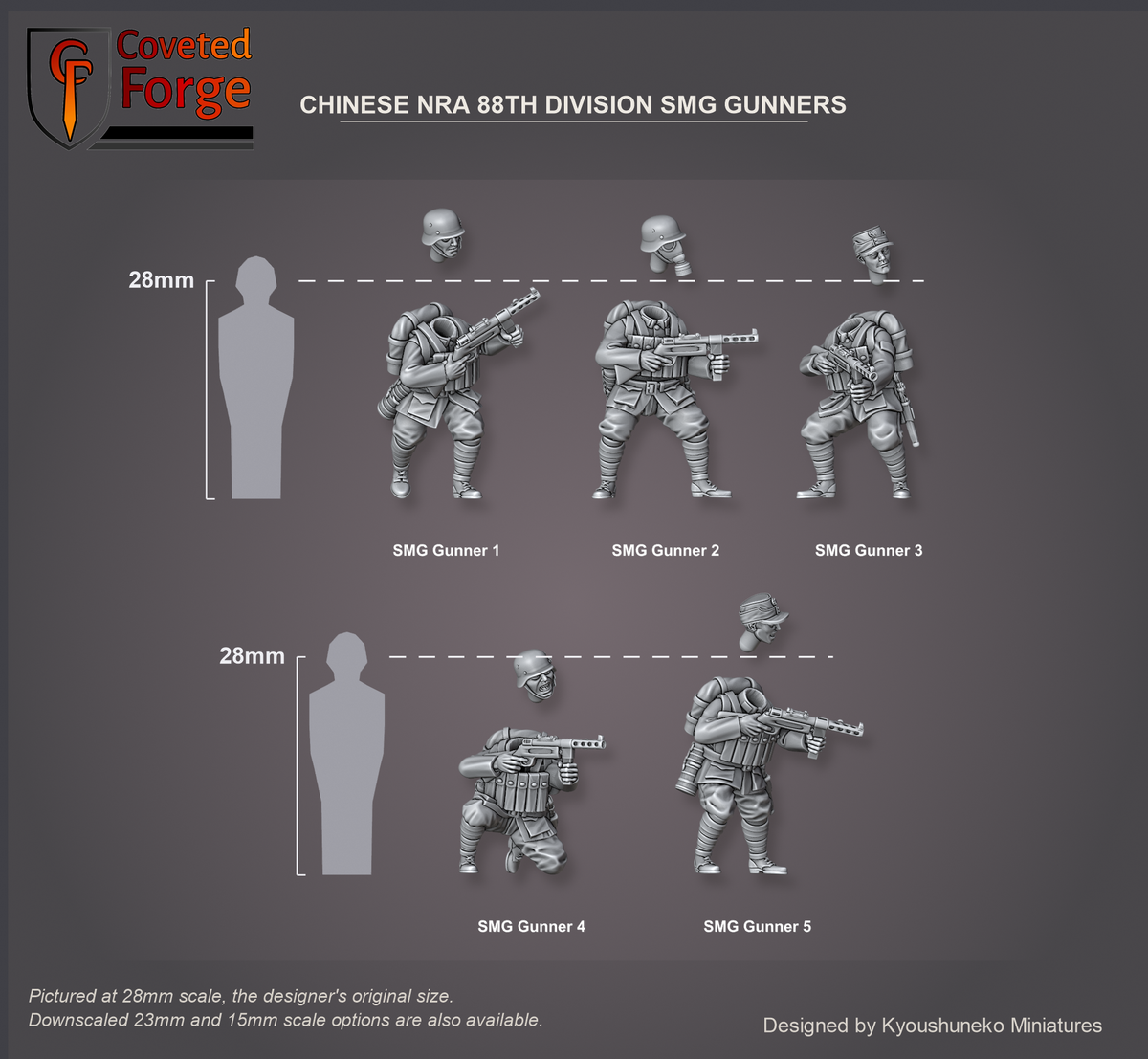 Coveted Forge scale render pictured at 28mm (1/56), the original scale, with 23mm and 15mm downscales also available. Complete Set (All 5 Sculpts) shown with every model: SMG Gunner 1, SMG Gunner 2, SMG Gunner 3, SMG Gunner 4, SMG Gunner 5, labelled beside a 28mm human silhouette, front three-quarter view. Heads floated above bodies. Bases not shown.