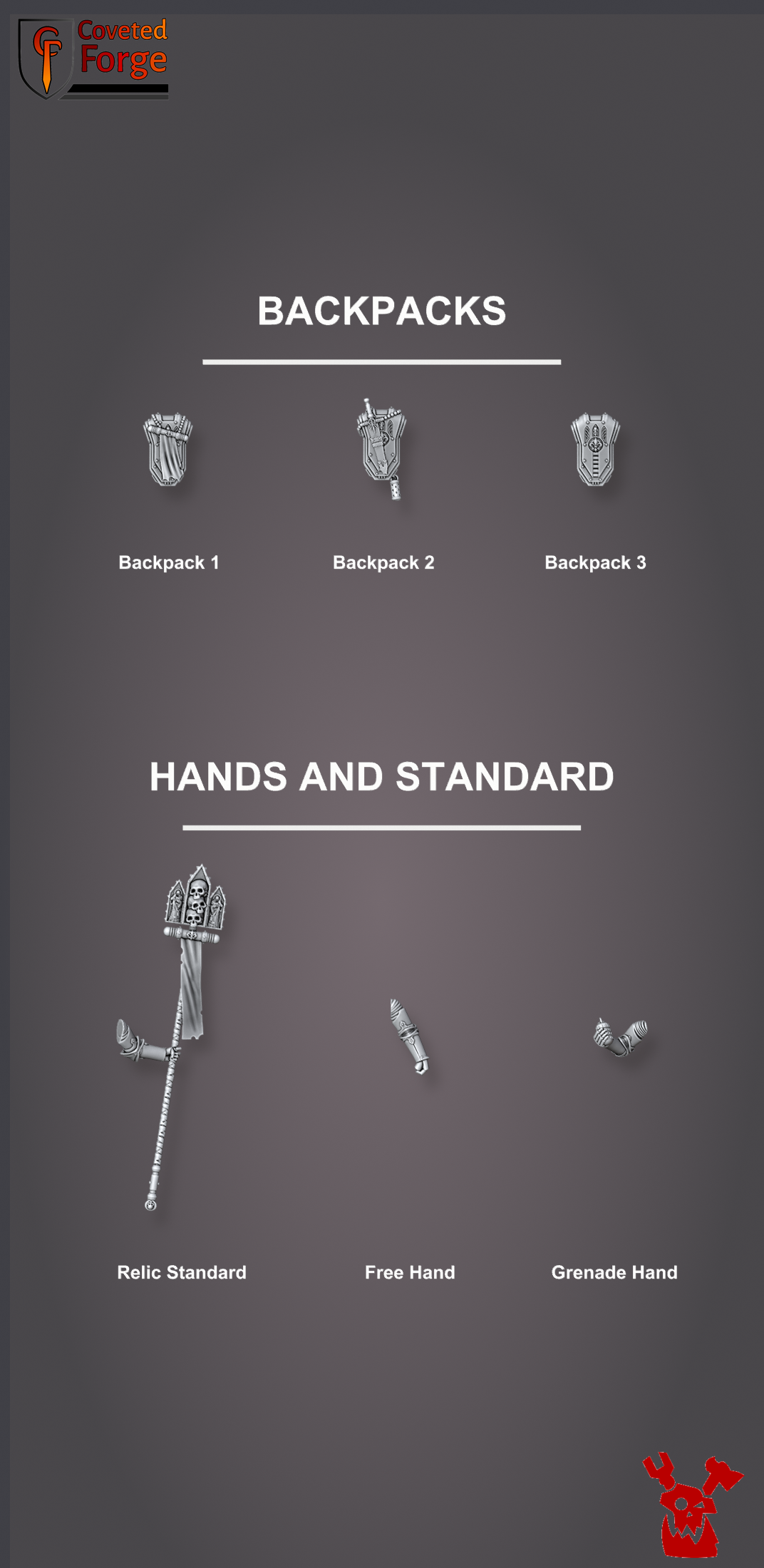 Novice Sister accessories, backpacks, relic standard and hands