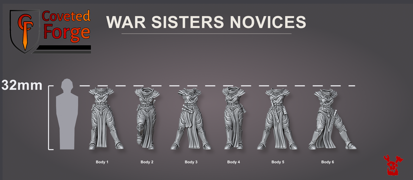 The six Novice Sister bodies beside a 32mm human for scale