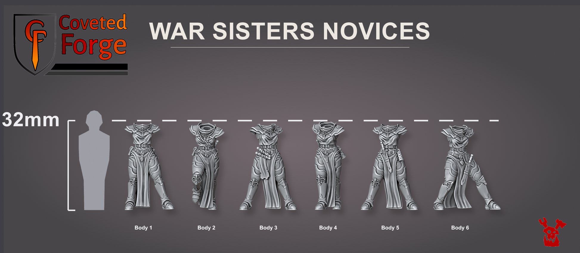 The six Novice Sister bodies beside a 32mm human for scale