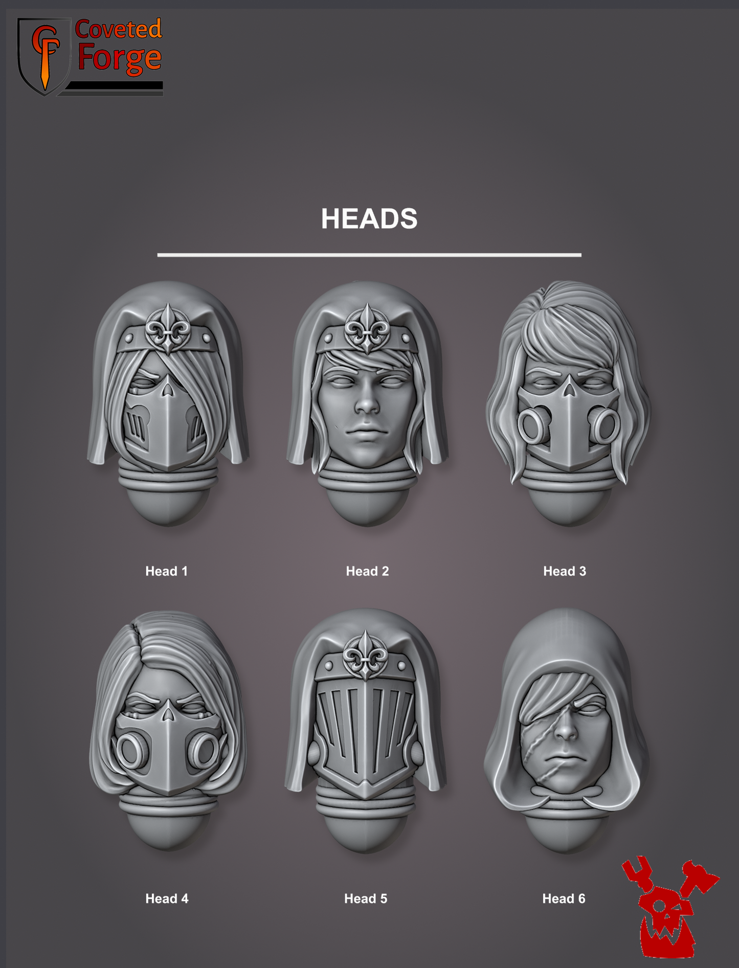Six interchangeable Novice Sister heads, Head 1 to Head 6