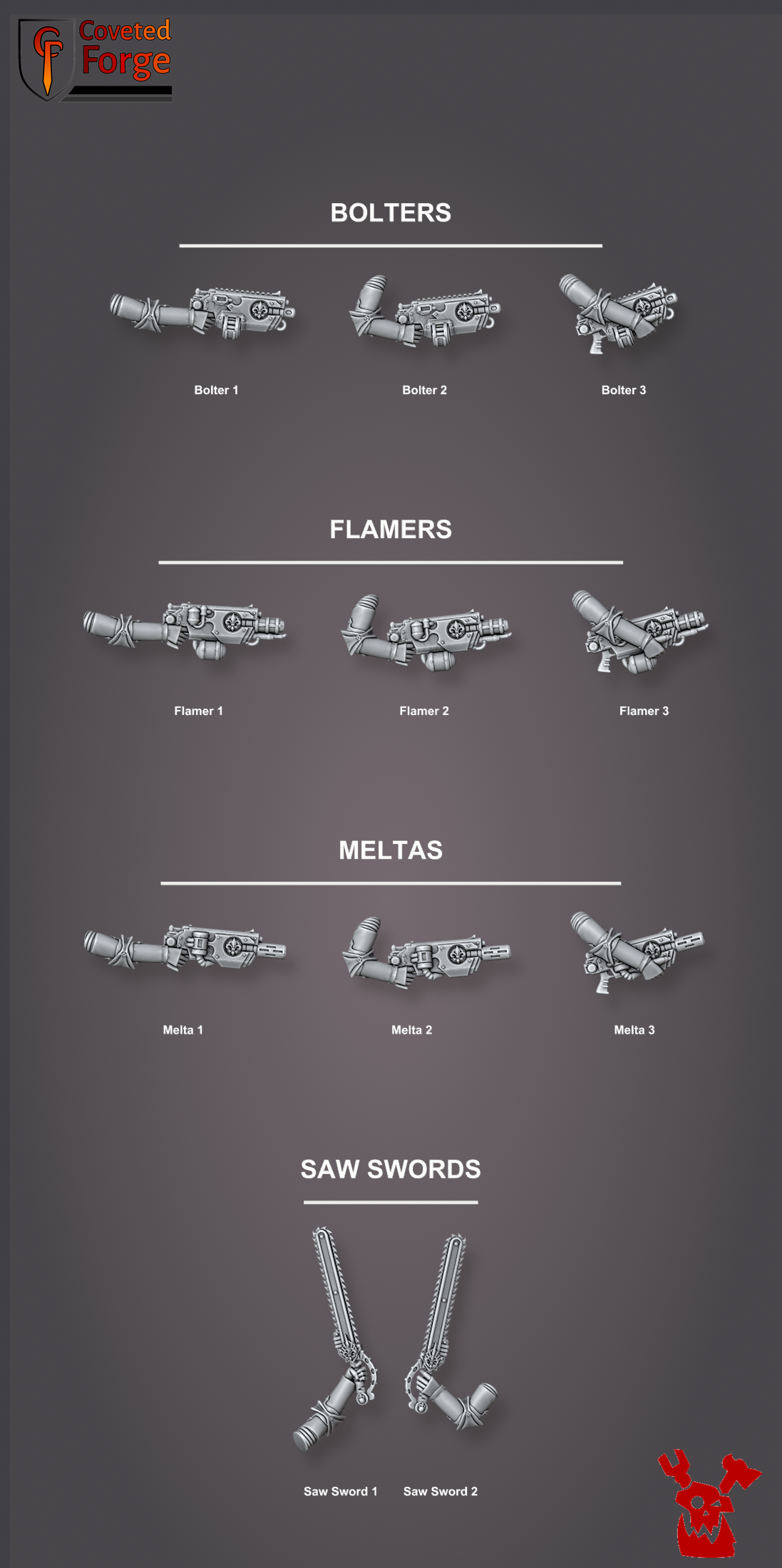 One-handed weapons, bolters, flamers, meltas and saw swords, each available left or right-handed