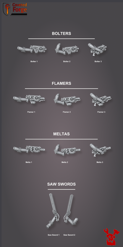 One-handed weapons, bolters, flamers, meltas and saw swords, each available left or right-handed