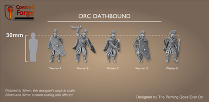 Orc Oathbound full unit lineup, all five sculpts labeled, beside a 30mm human scale reference