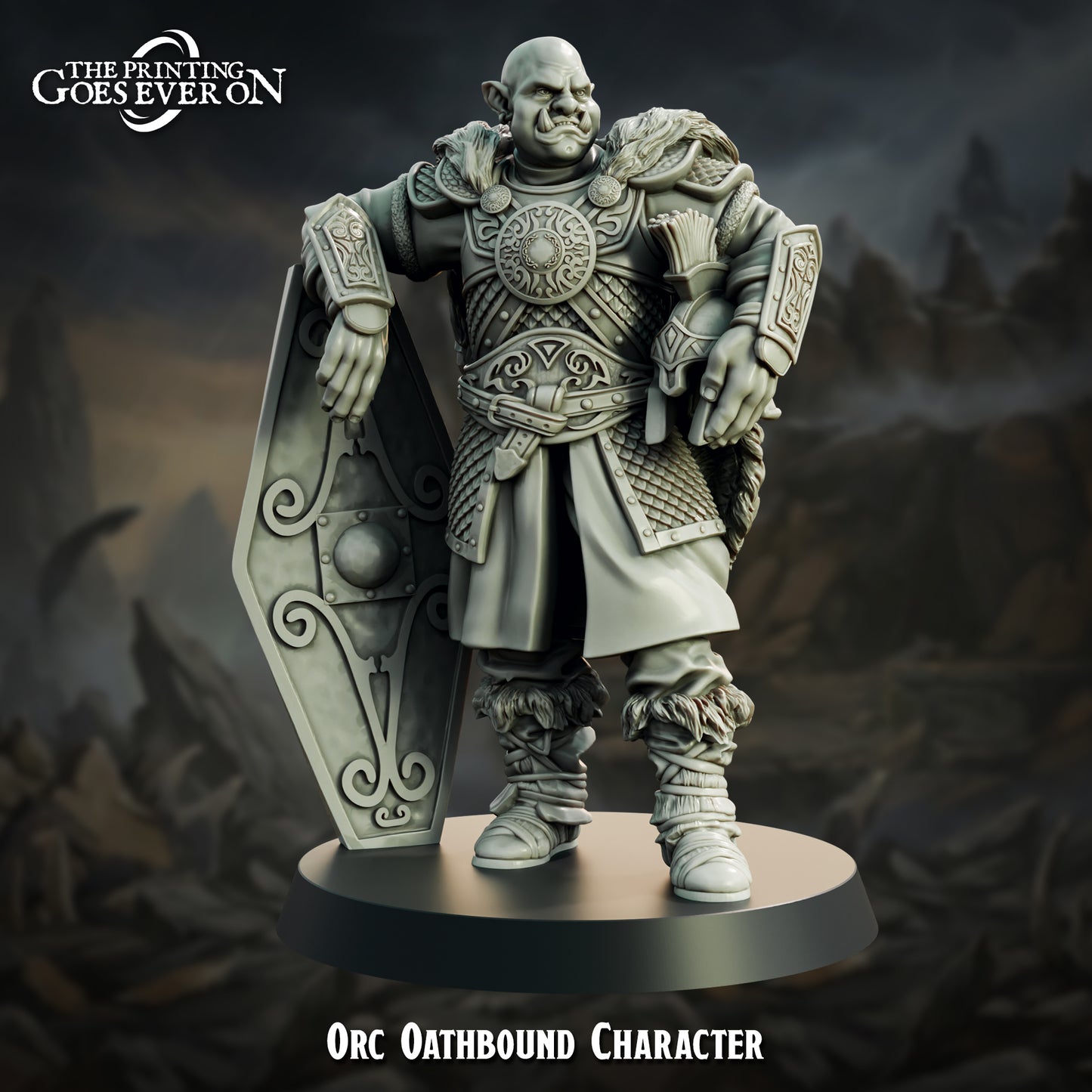 Orc Oathbound Lord - heavily armored orc commander with tower shield