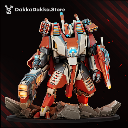 Omega Wave Suit battlesuit, front view, with main gun, shield, shoulder rocket pods and gun drones, sci-fi resin mech kit, Dakka Dakka Store render