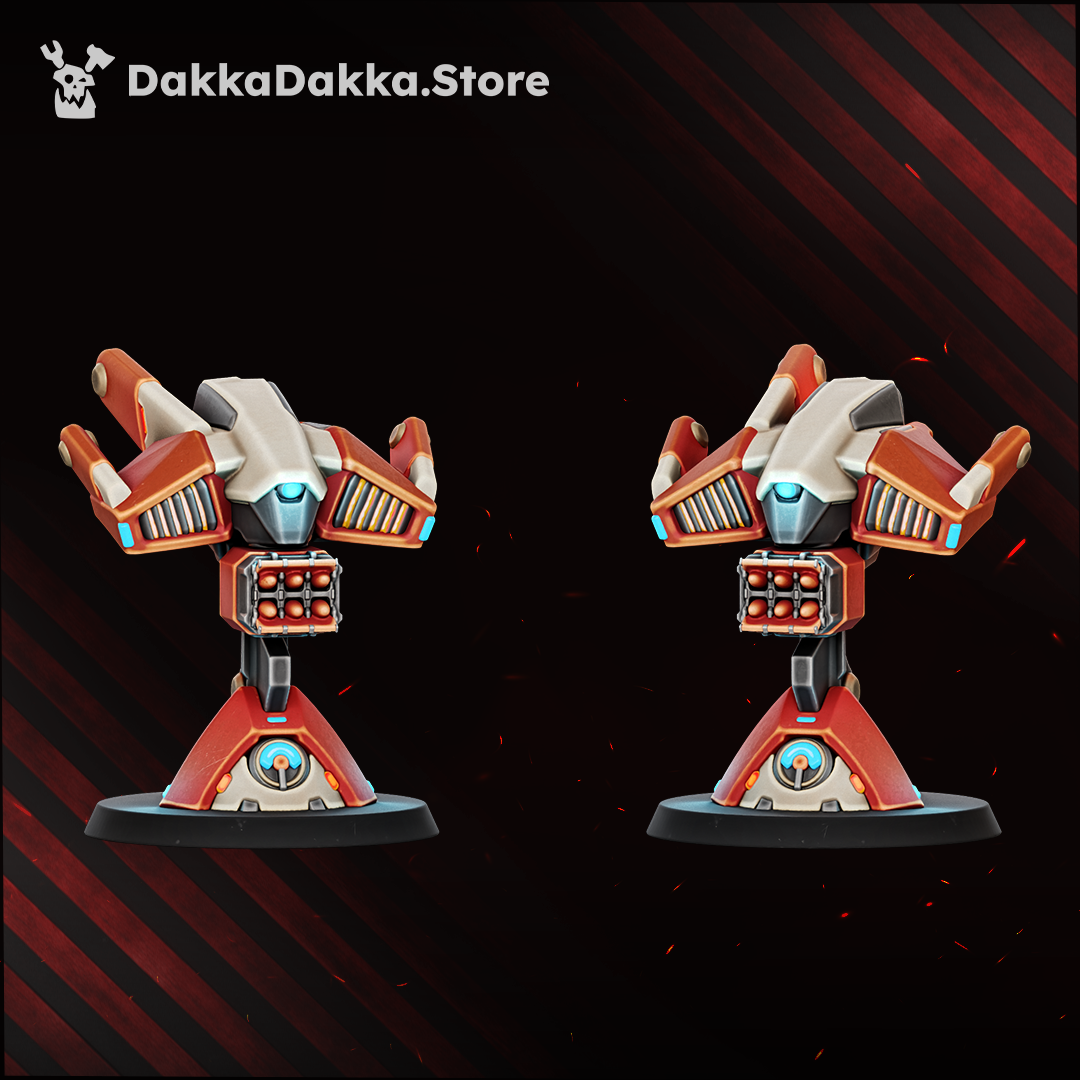 The two Omega Wave Suit gun drones on their flight stands, Dakka Dakka Store render
