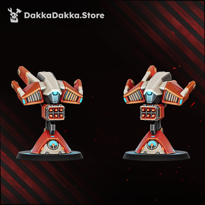 The two Omega Wave Suit gun drones on their flight stands, Dakka Dakka Store render