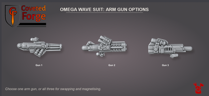 Arm Gun options sheet: Gun 1, Gun 2 and Gun 3 - choose one, or all three for swapping and magnetising. Coveted Forge render of Dakka Dakka Store parts.