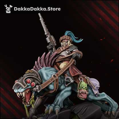 Agent-Hunter Orazkhan, front three-quarter view: the masked rider raises a long rifle from the back of a muzzled alien war-beast with trophy heads on its harness, sci-fi resin miniature, Dakka Dakka Store render