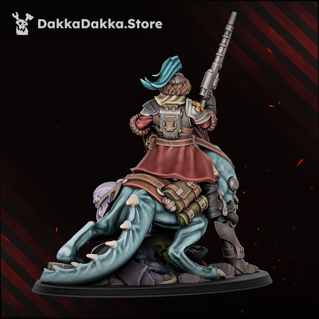 Agent-Hunter Orazkhan rear view: pack, pouches, cape and the beast's spined tail over the rocky scenic base, Dakka Dakka Store render