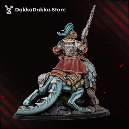 Agent-Hunter Orazkhan rear view: pack, pouches, cape and the beast's spined tail over the rocky scenic base, Dakka Dakka Store render