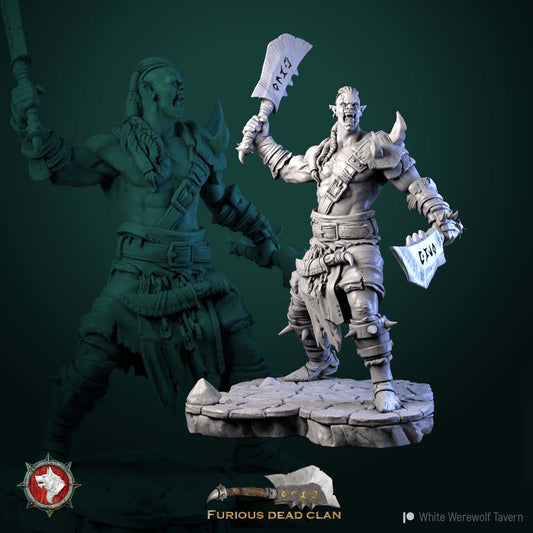 Orc Warrior 75mm resin display model roaring with twin rune cleavers on a flagstone base