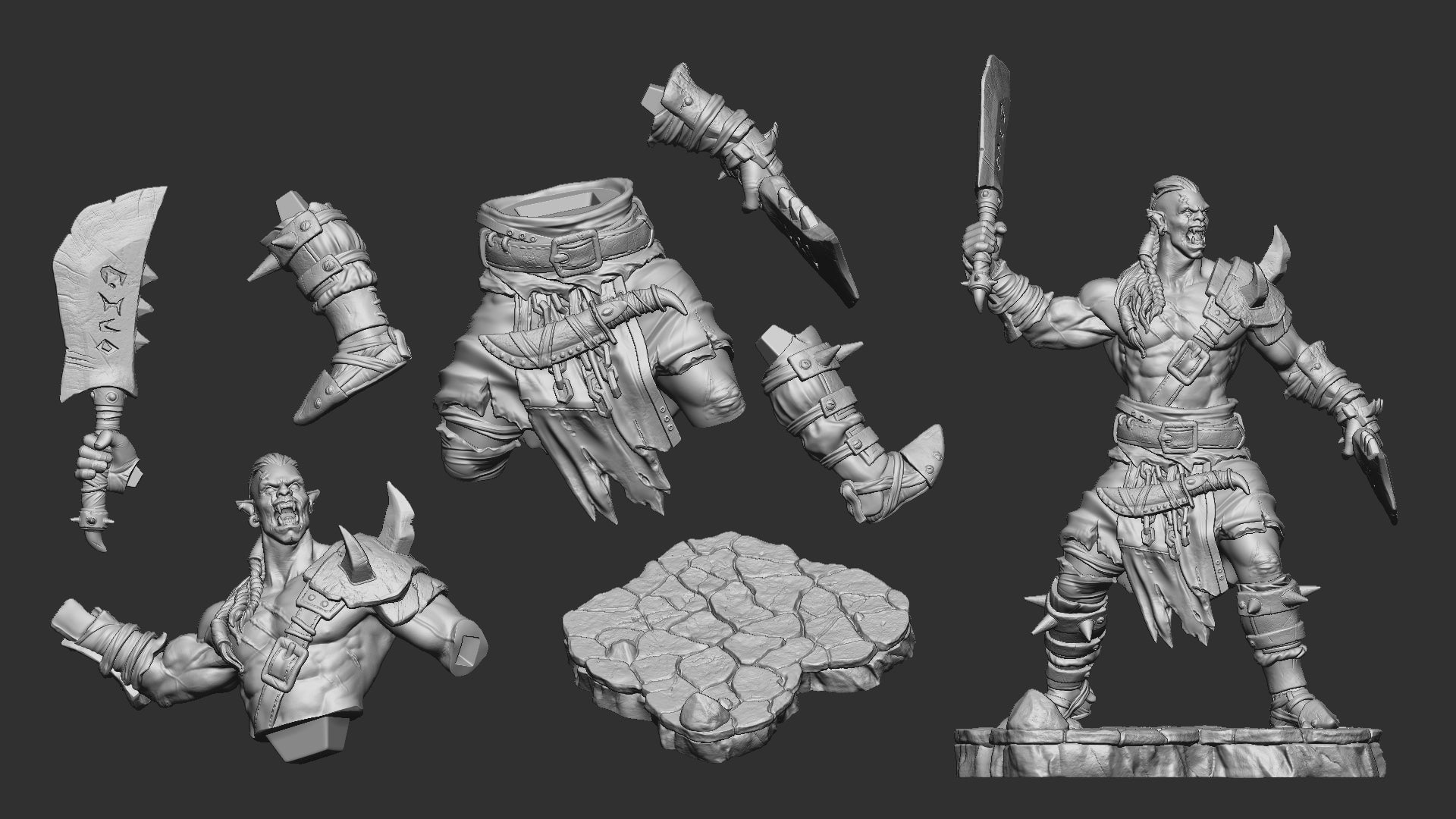 Parts layout for the 75mm orc warrior kit with torso, legs, arms, cleavers and flagstone base