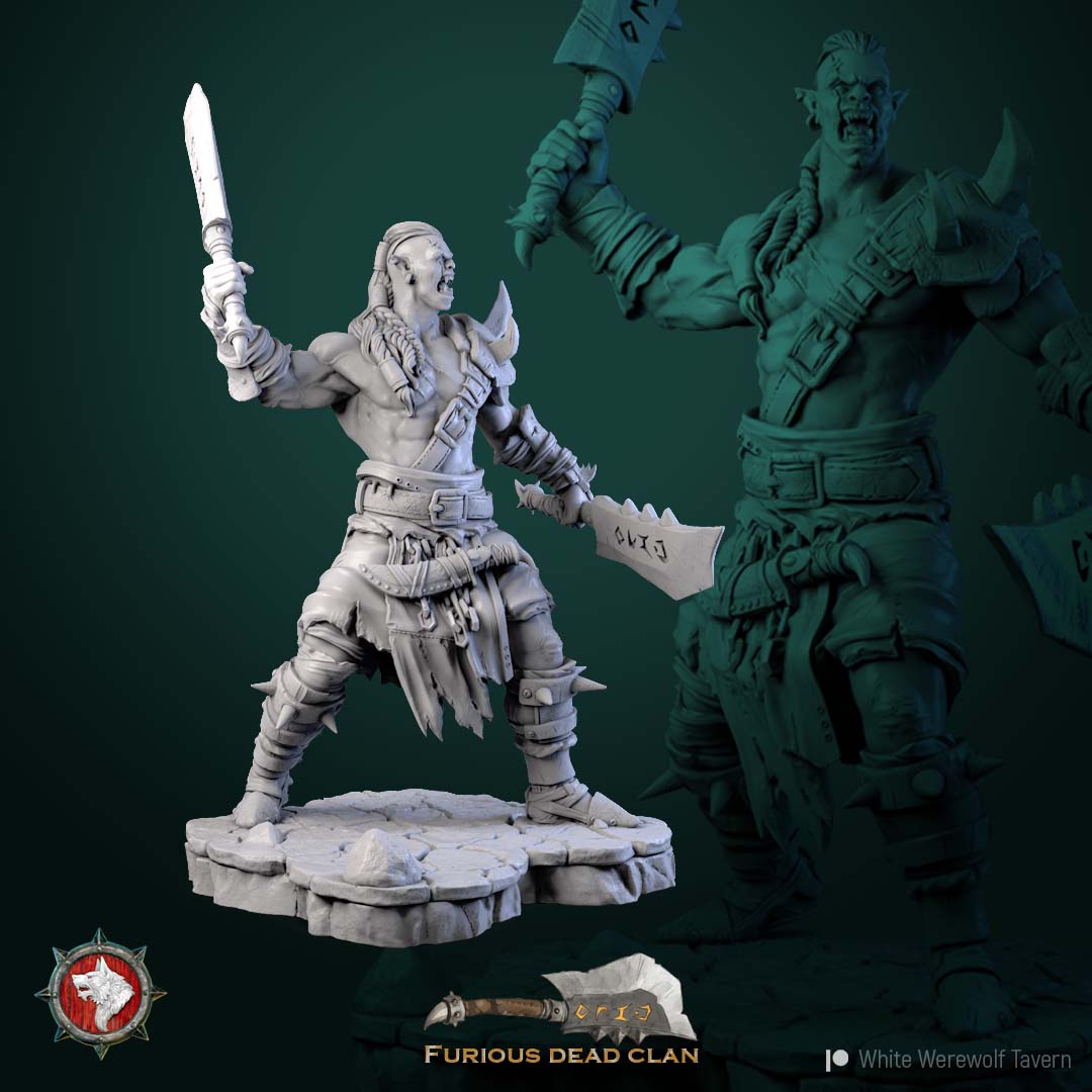 Front view of the orc warrior miniature raising a rune cleaver overhead