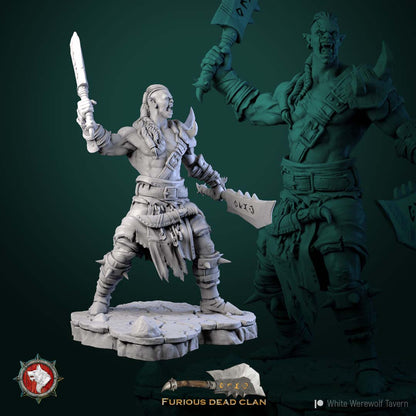 Front view of the orc warrior miniature raising a rune cleaver overhead