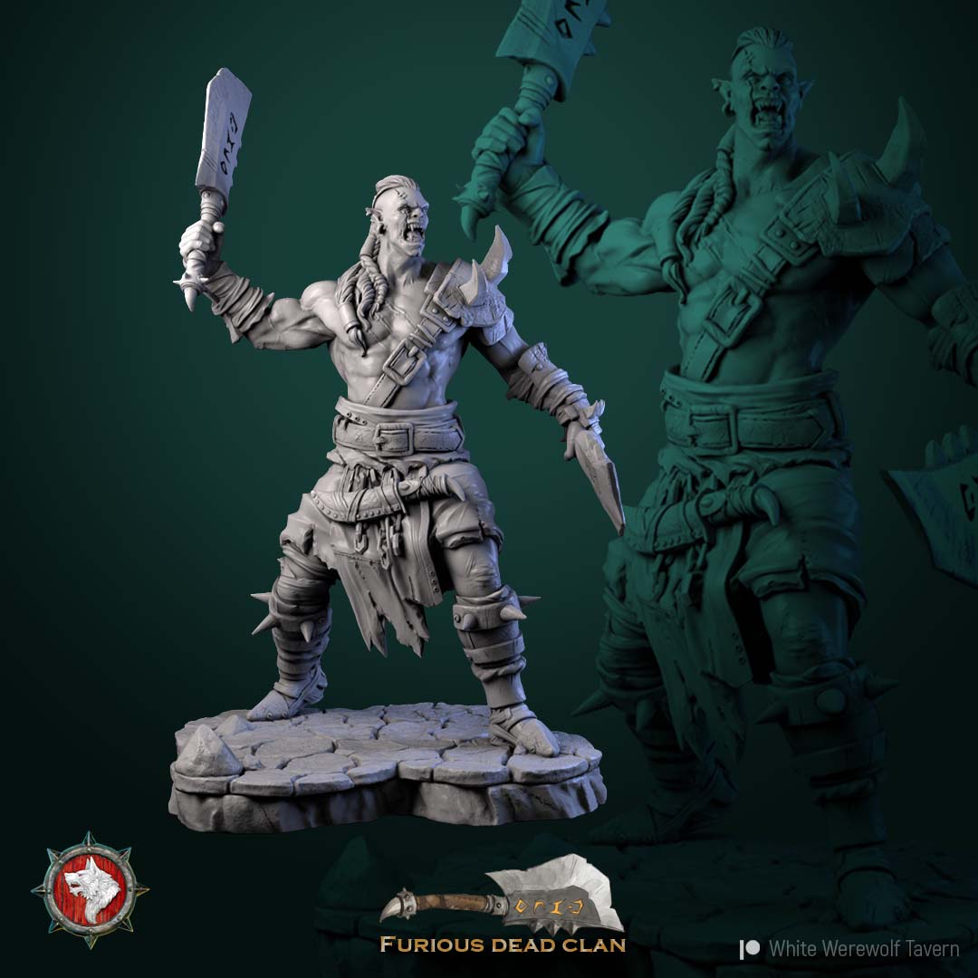 Three-quarter view of the orc warrior with spiked pauldron and belted hide skirt