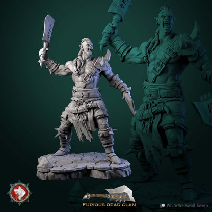 Three-quarter view of the orc warrior with spiked pauldron and belted hide skirt