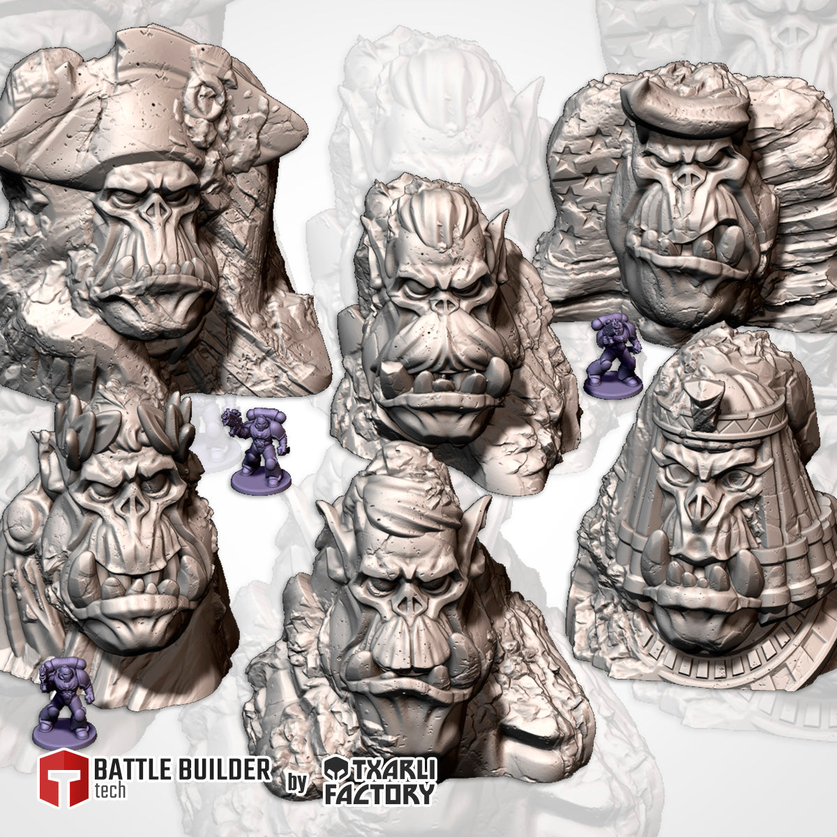 Orcish Monuments II full set of six giant orc head monuments in rock outcrops, beside 32mm figures (Txarli Factory render)