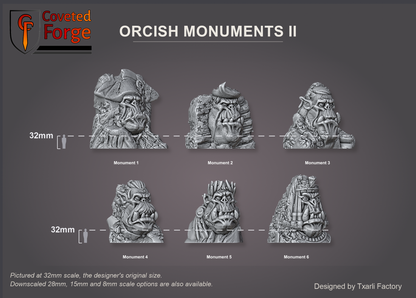 Orcish Monuments II scale lineup at 32mm, the original scale; 28mm, 15mm and 8mm scale options are also available: Monuments 1 to 6 labelled beside a 32mm figure silhouette; largest, Monument 1, 187 x 165 mm, 200 mm tall (Coveted Forge scale render)