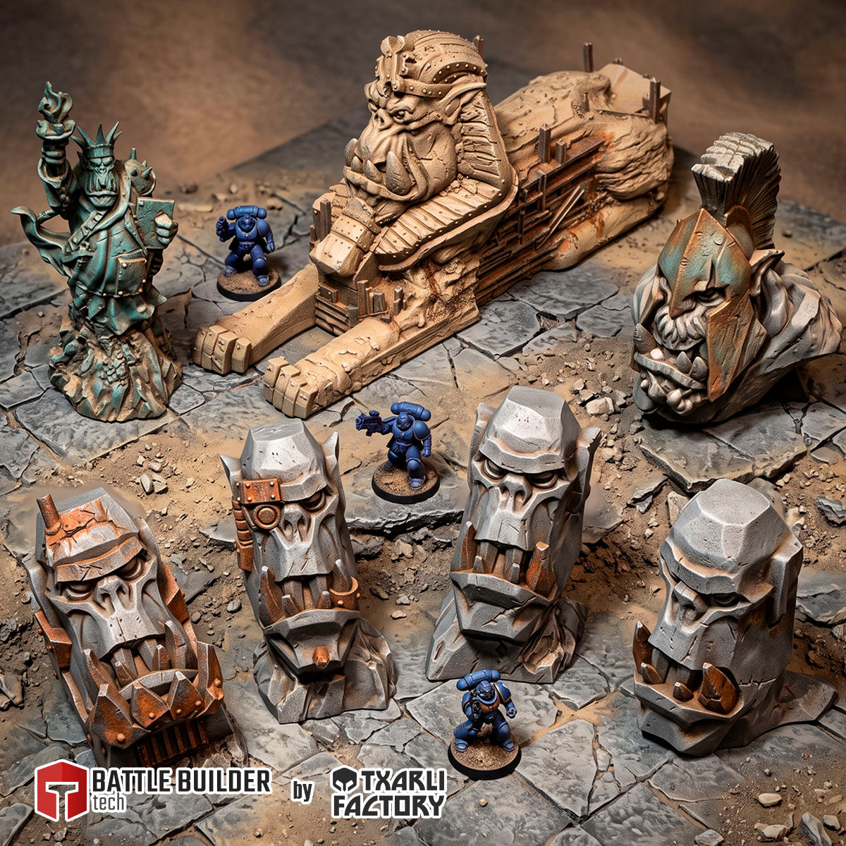 Orcish Monuments III painted set: orc sphinx, orc liberty statue, crested orc bust and four orc stone heads beside 32mm figures (Txarli Factory render)