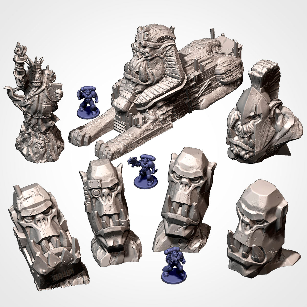 Orcish Monuments III full set unpainted, all seven statues beside 32mm figures (Txarli Factory render)