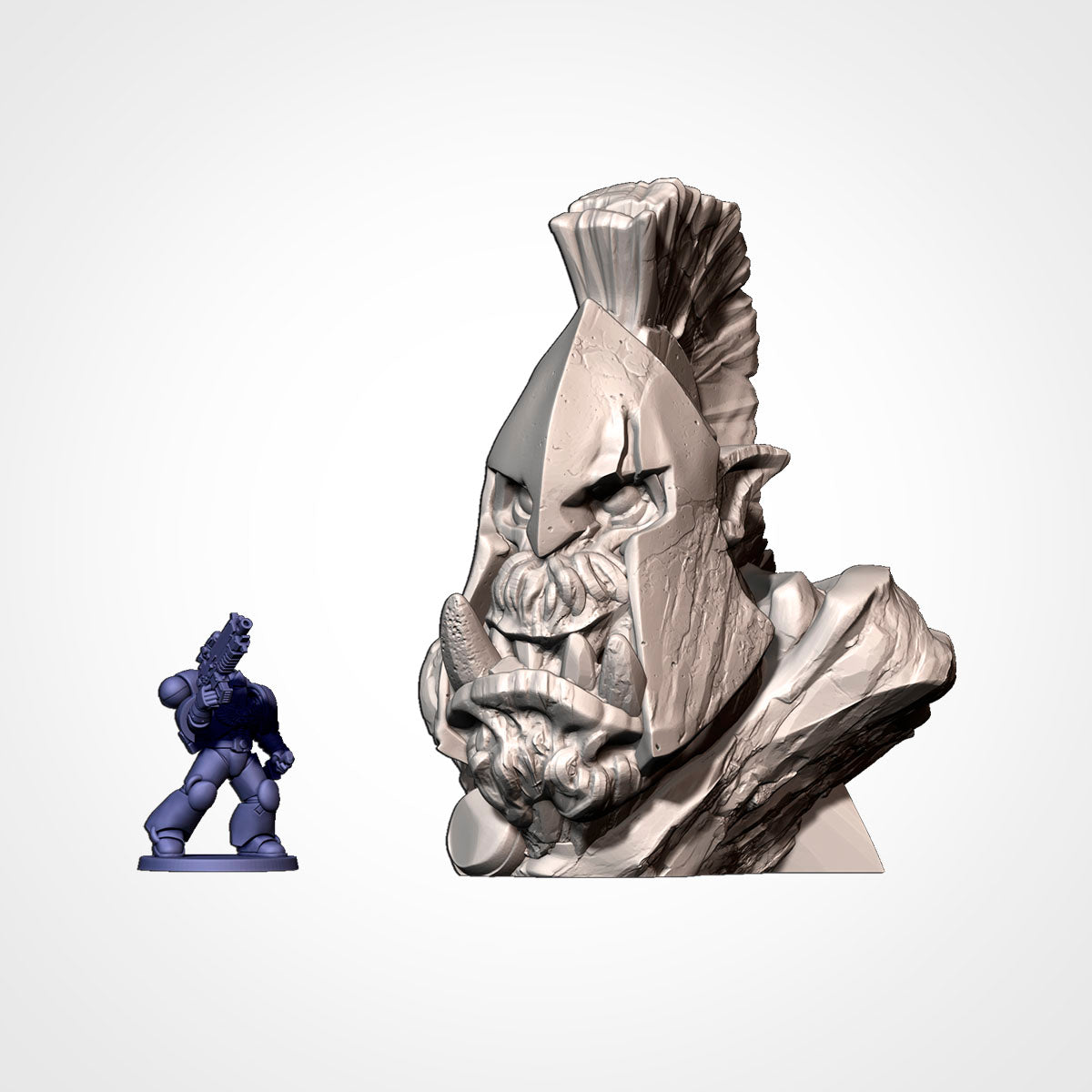 Leorknidas Bust: crested-helmet orc bust beside a 32mm figure (Txarli Factory render)