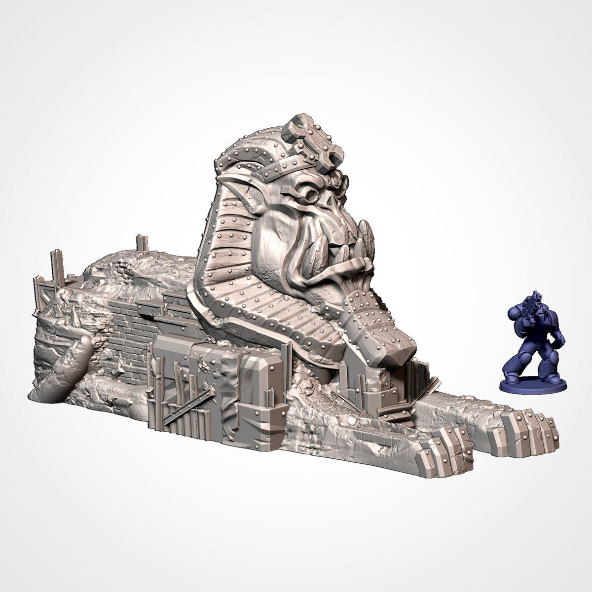 Orc Sphinx: orc-headed sphinx in a riveted headdress beside a 32mm figure (Txarli Factory render)