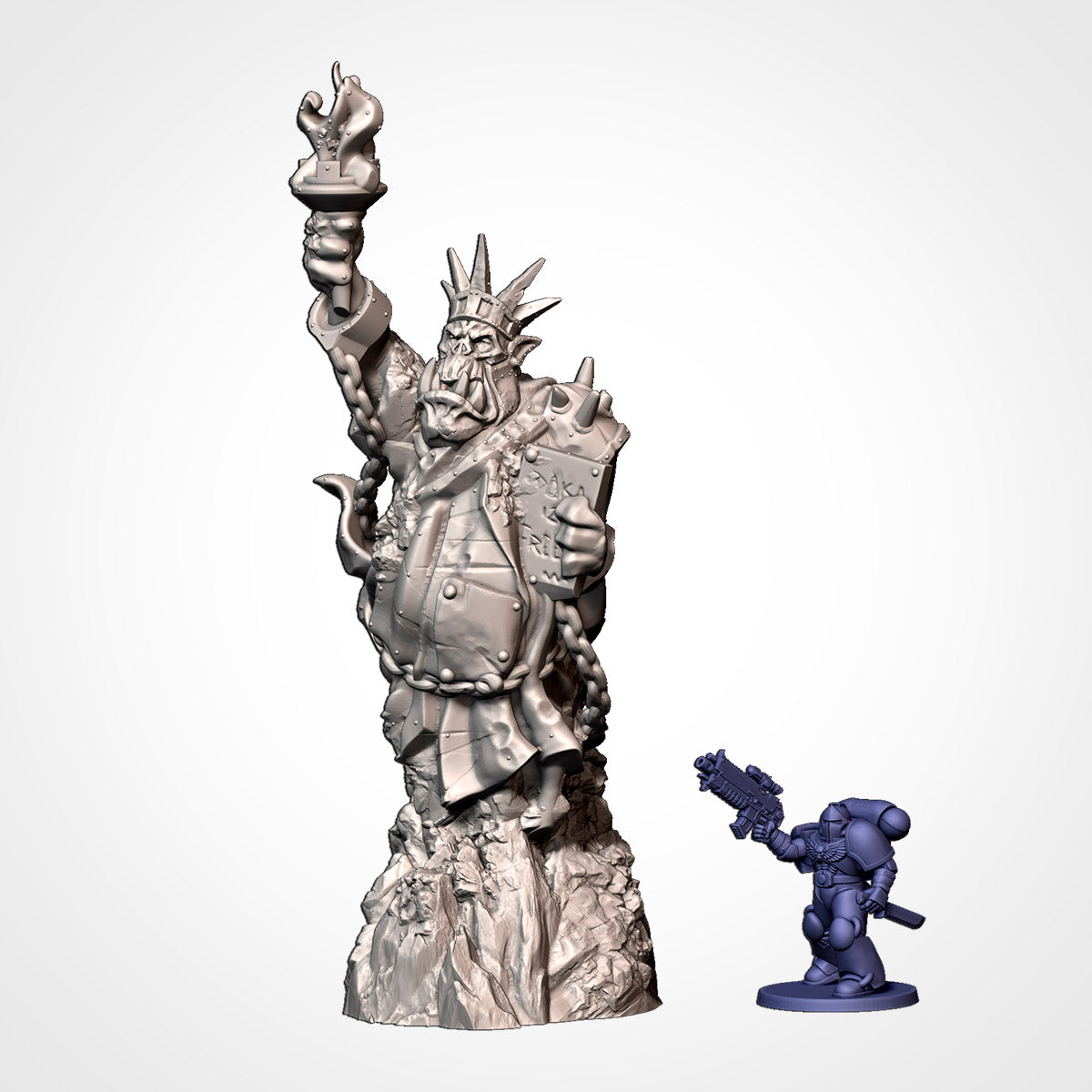Orc Liberty Statue: orc statue with torch and tablet beside a 32mm figure (Txarli Factory render)