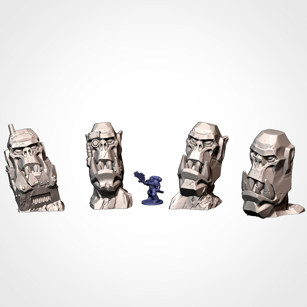 Orc Stone Heads 1 to 4: four tusked orc stone heads beside a 32mm figure (Txarli Factory render)