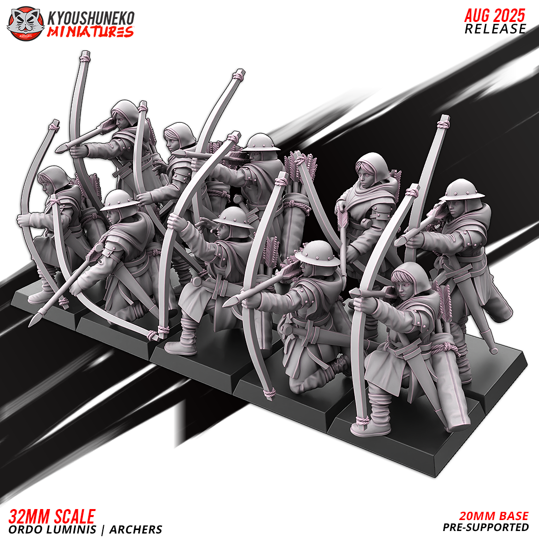 Ordo Luminis Archers, ten longbow sculpts standing and kneeling, designer render by Kyoushuneko Miniatures.