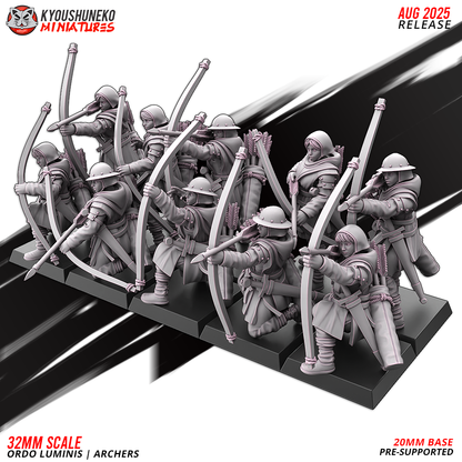 Ordo Luminis Archers, ten longbow sculpts standing and kneeling, designer render by Kyoushuneko Miniatures.