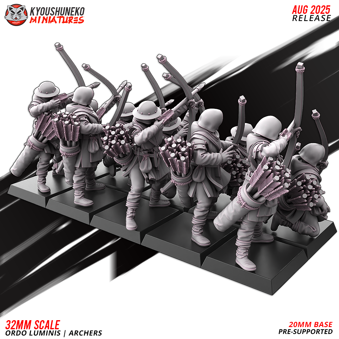 Ordo Luminis Archers, rear view of the ten sculpts, designer render by Kyoushuneko Miniatures.