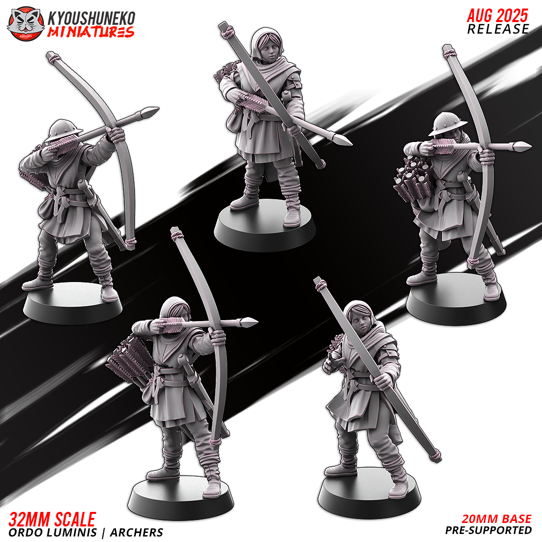Ordo Luminis Archers, five standing sculpts, designer render by Kyoushuneko Miniatures.