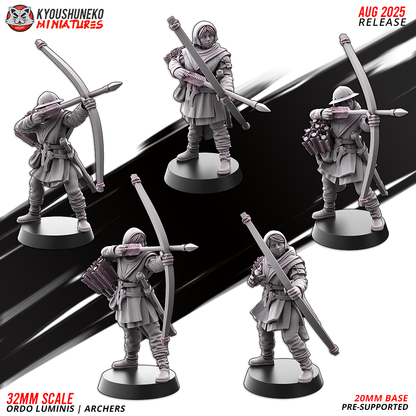 Ordo Luminis Archers, five standing sculpts, designer render by Kyoushuneko Miniatures.