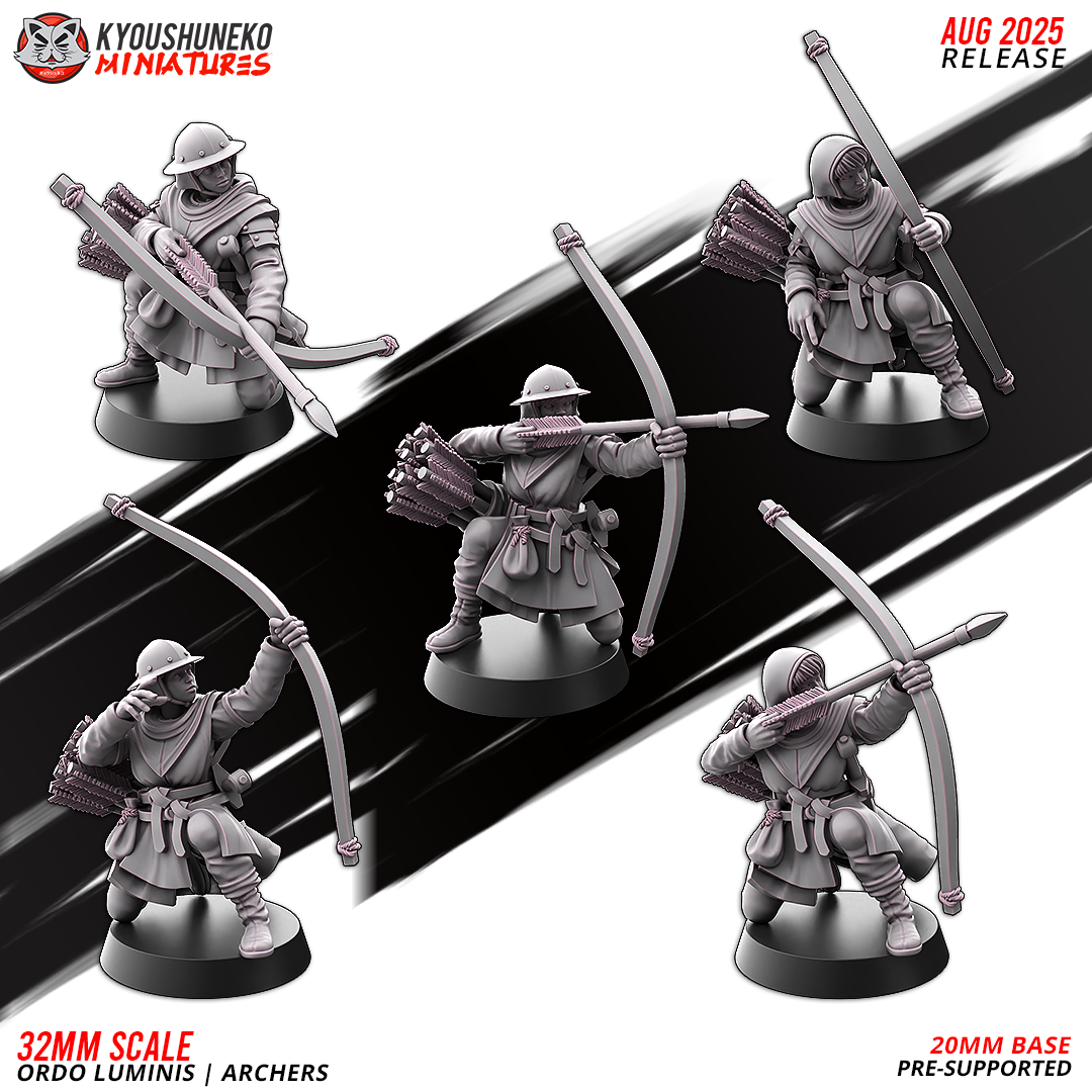 Ordo Luminis Archers, five kneeling sculpts, designer render by Kyoushuneko Miniatures.