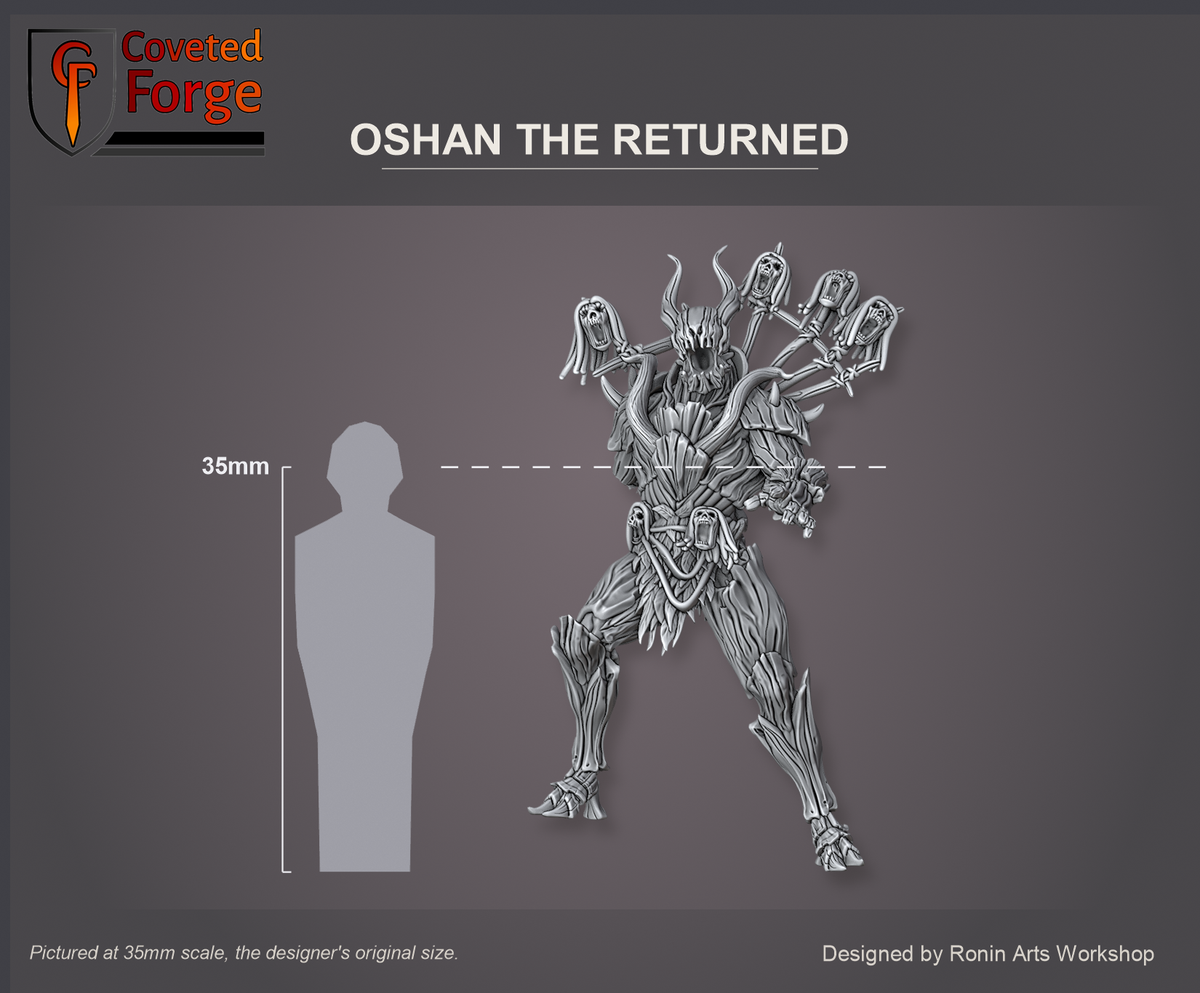 Coveted Forge scale reference: Oshan the Returned's body at 35mm scale, front view, beside a 35mm human silhouette; also offered at 54mm