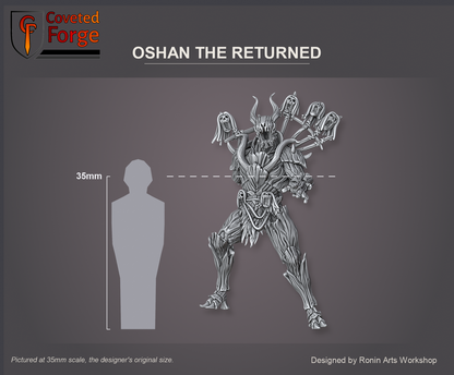 Coveted Forge scale reference: Oshan the Returned's body at 35mm scale, front view, beside a 35mm human silhouette; also offered at 54mm