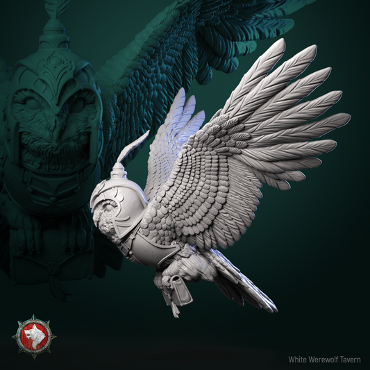 Messenger owl miniature in crested helm and breastplate swooping with a mail satchel
