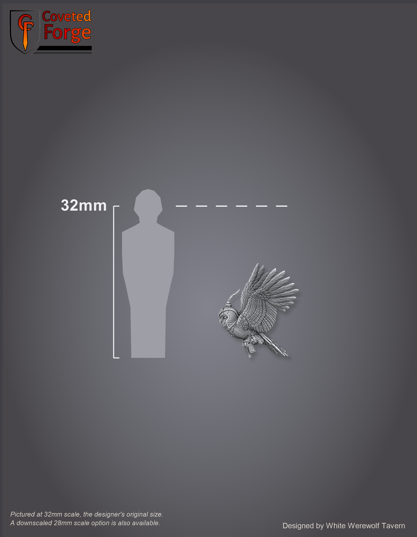 Scale lineup of the messenger owl beside a 32mm human silhouette