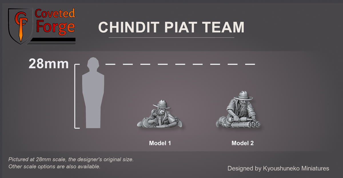 Coveted Forge scale reference: the two Chindit PIAT team models at 28mm beside a 28mm human silhouette, labelled Model 1 and Model 2; also offered from 15mm to 54mm.