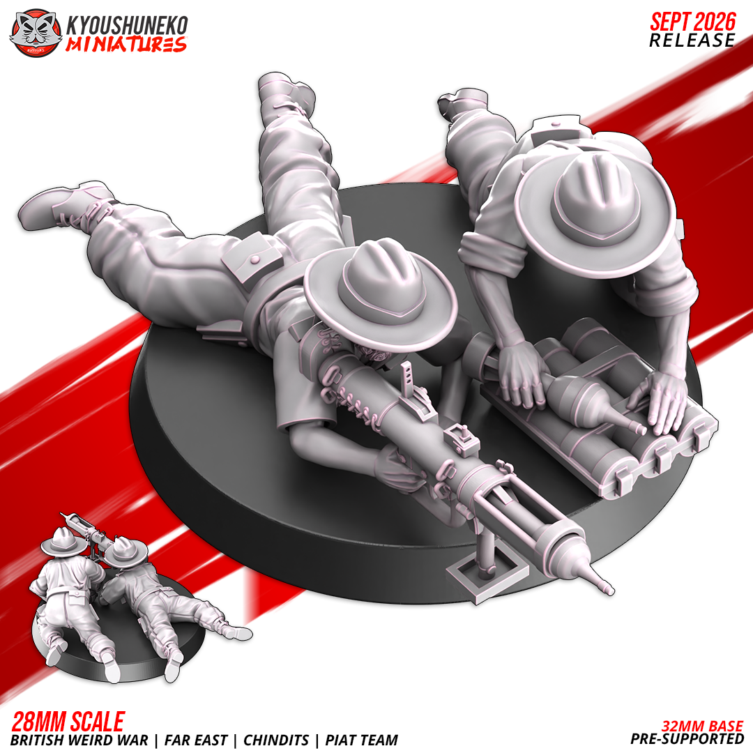 British WW2 Far East Chindit PIAT team, two resin miniatures with a PIAT launcher and bomb carrier by Kyoushuneko.