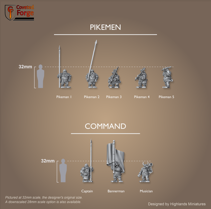 Dwarf Pikemen scale lineup, all poses with a 32mm human and bracket for scale