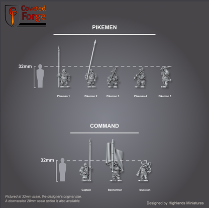 Dwarf Pikemen scale lineup, all poses with a 32mm human and bracket for scale